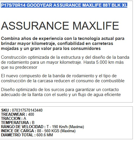 Llanta Goodyear Assurance MaxLife 175/70R14 | JALBRO - Imagen 2